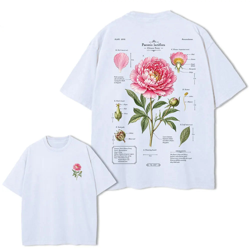 White t-shirt with floral diagram design on a white background