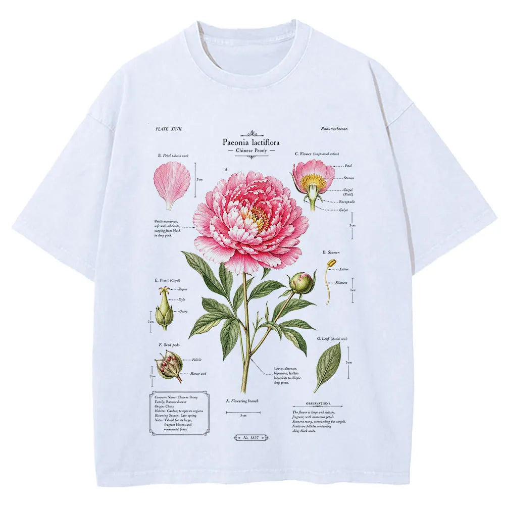 White t-shirt with pink floral diagram design on a white background