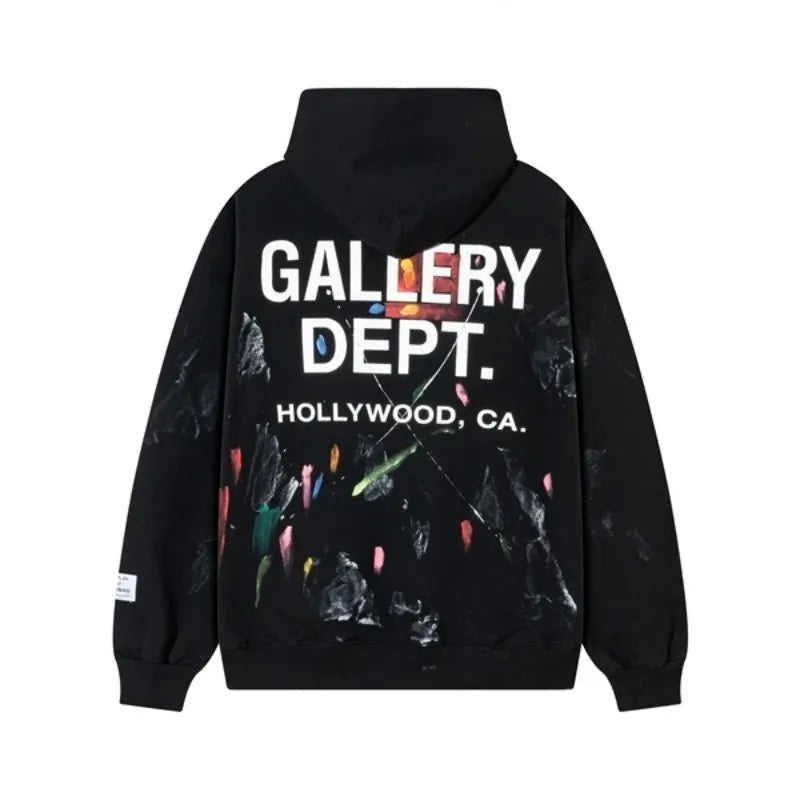 Black hoodie with 'GALLERY DEPT. Hollywood, CA' text on the back against a white background.