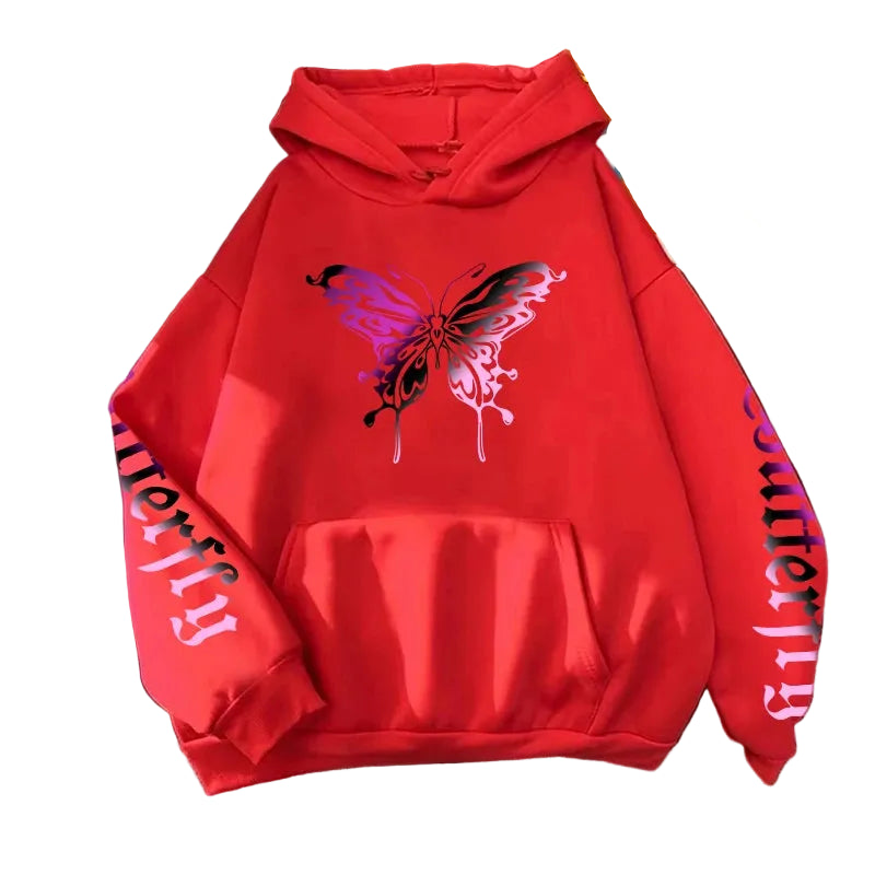 Red hoodie with butterfly design on a textured surface