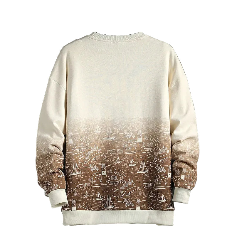 Sweatshirt with a pattern on a mannequin against a tiled wall.