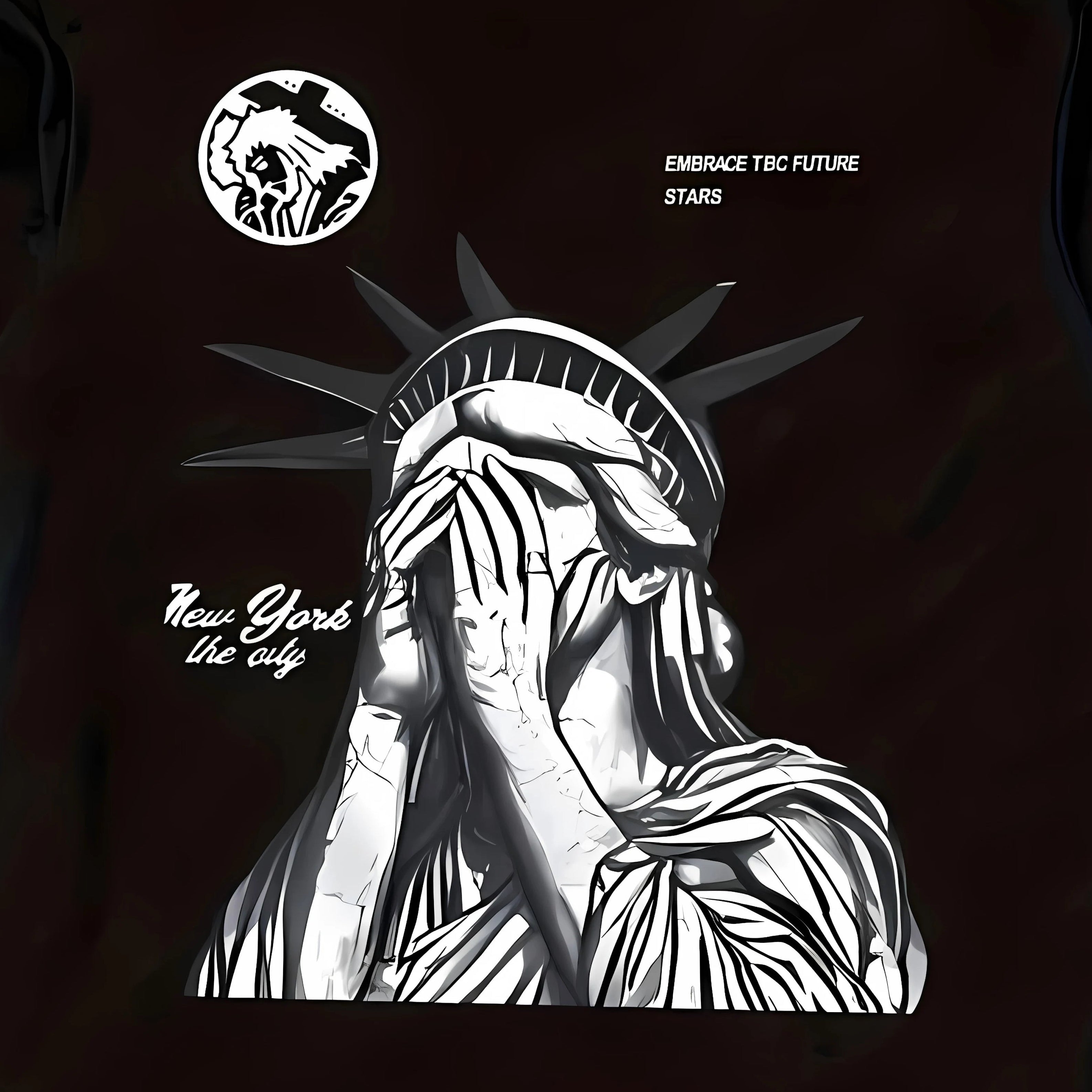 Black t-shirt with a graphic design of a stylized Statue of Liberty and text on a concrete surface.