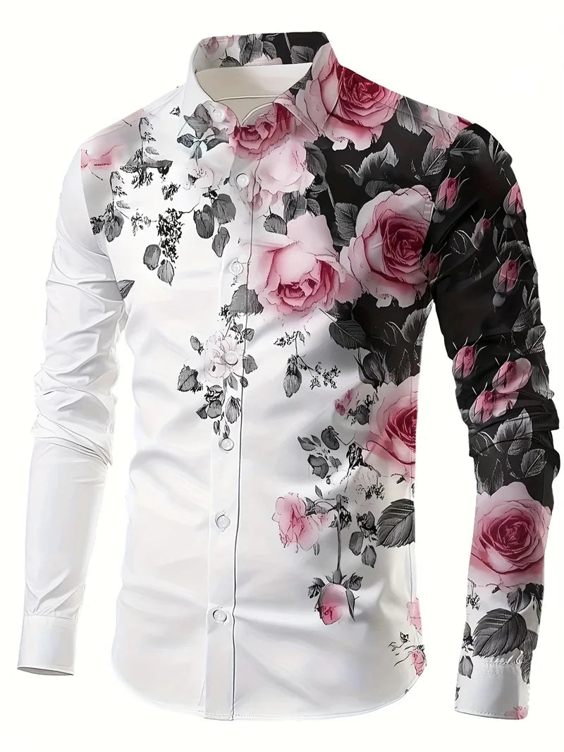 Floral patterned shirt with pink roses on a white background
