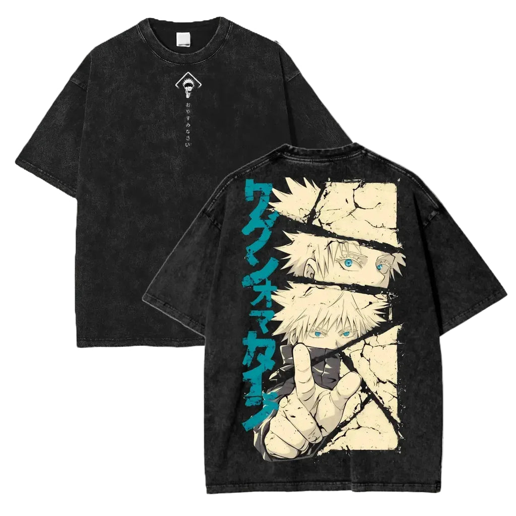 Black t-shirt with anime character design on a wooden surface