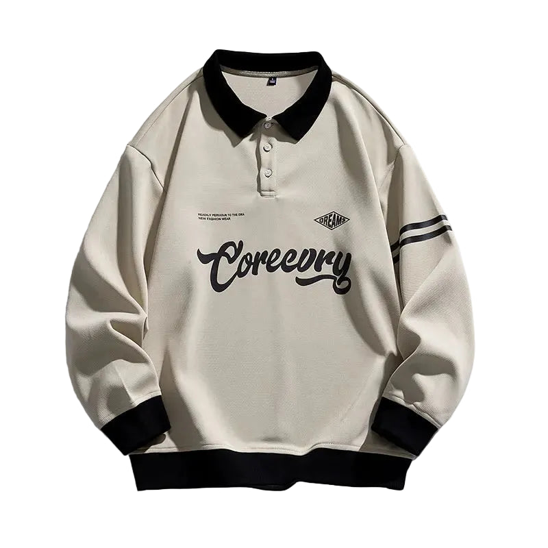 Beige sweatshirt with black accents and 'Coreccory' branding on a white background