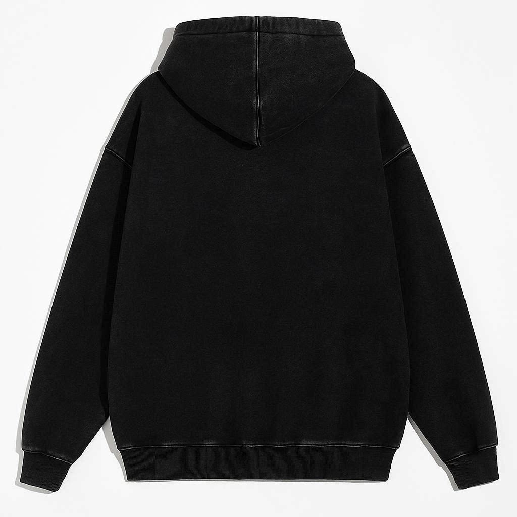 Black hoodie shown from the back on a white background