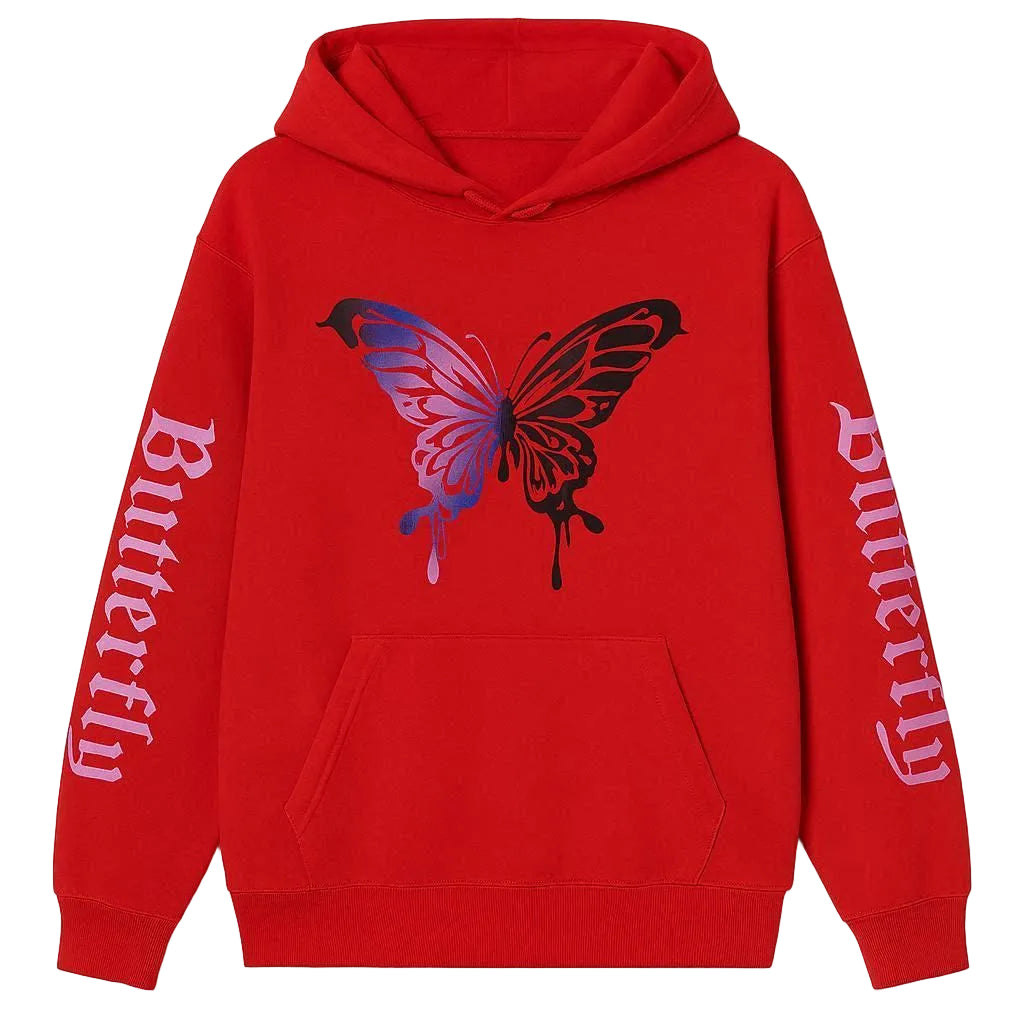 Red hoodie with a butterfly design and 'Butterfly' text on a white background