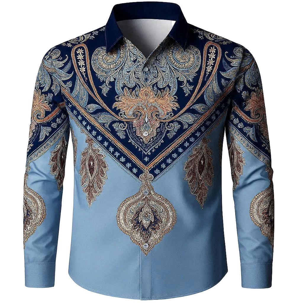 Blue and gold patterned shirt on a gray background