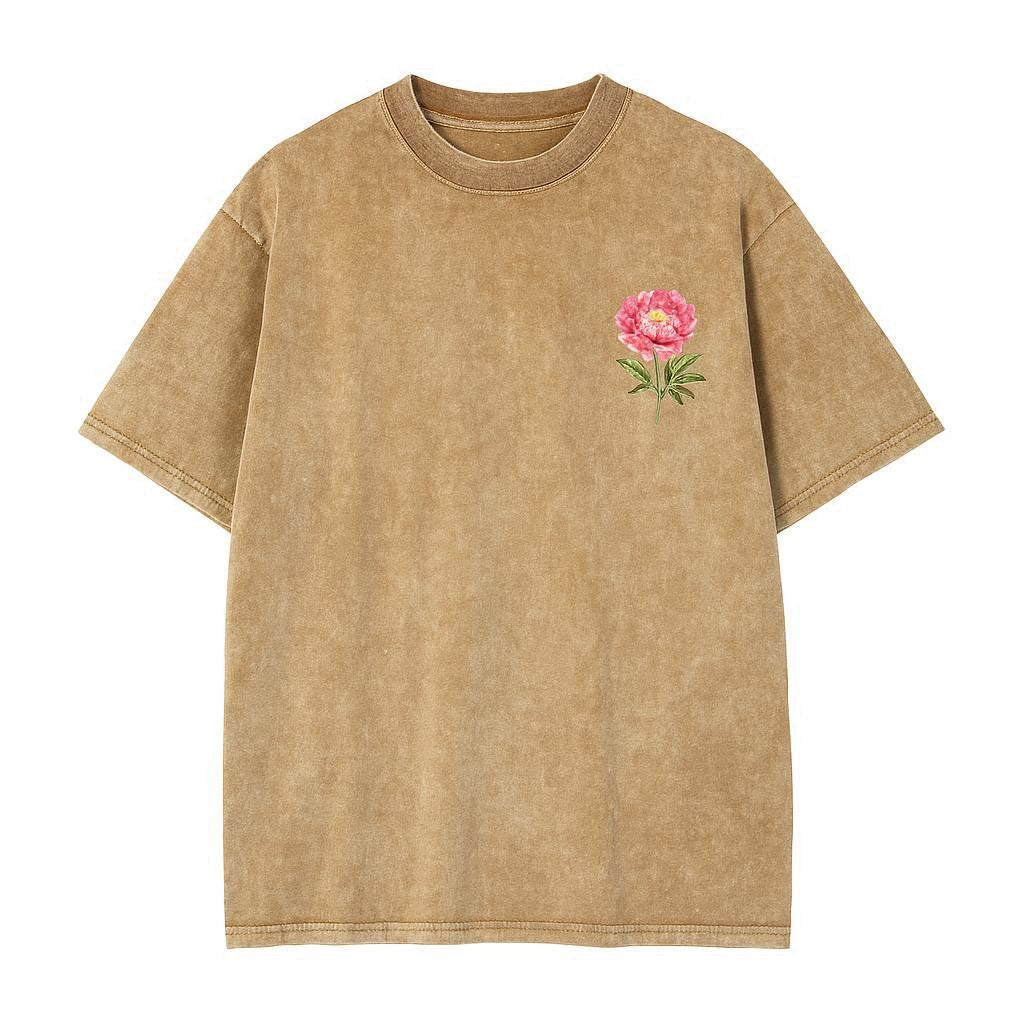 Beige t-shirt with a pink floral embroidery on a white background