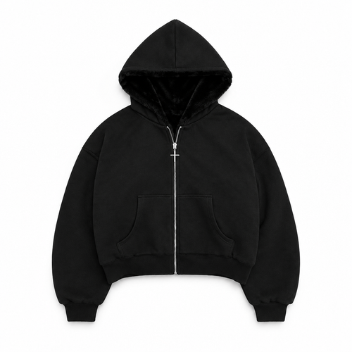 A black zip-up hoodie with a plush black faux-fur lined hood, front pockets, and a silver zipper, shown against a plain white background.