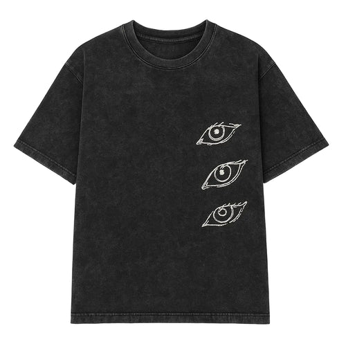 A black acid-wash short-sleeve t-shirt with three vertical white line-art eye illustrations on the front, displayed against a light gray background.
