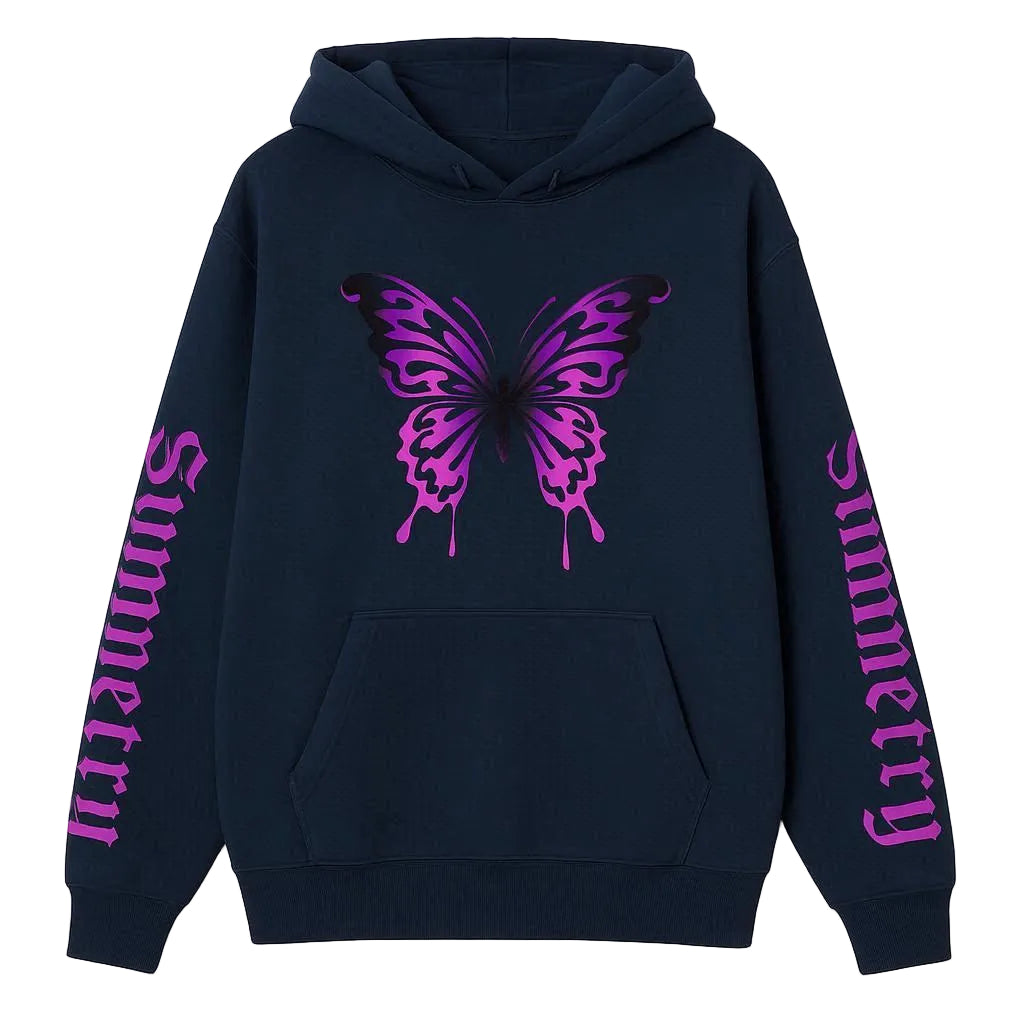 Navy hoodie with pink butterfly design and 'Symmetry' text on sleeves against a white background