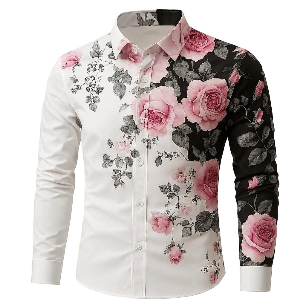 Floral patterned shirt with pink roses and green leaves on a white background