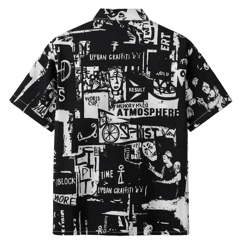 Black and white graphic shirt with urban graffiti design on a white background