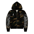 Camouflage hoodie with white text on a white background