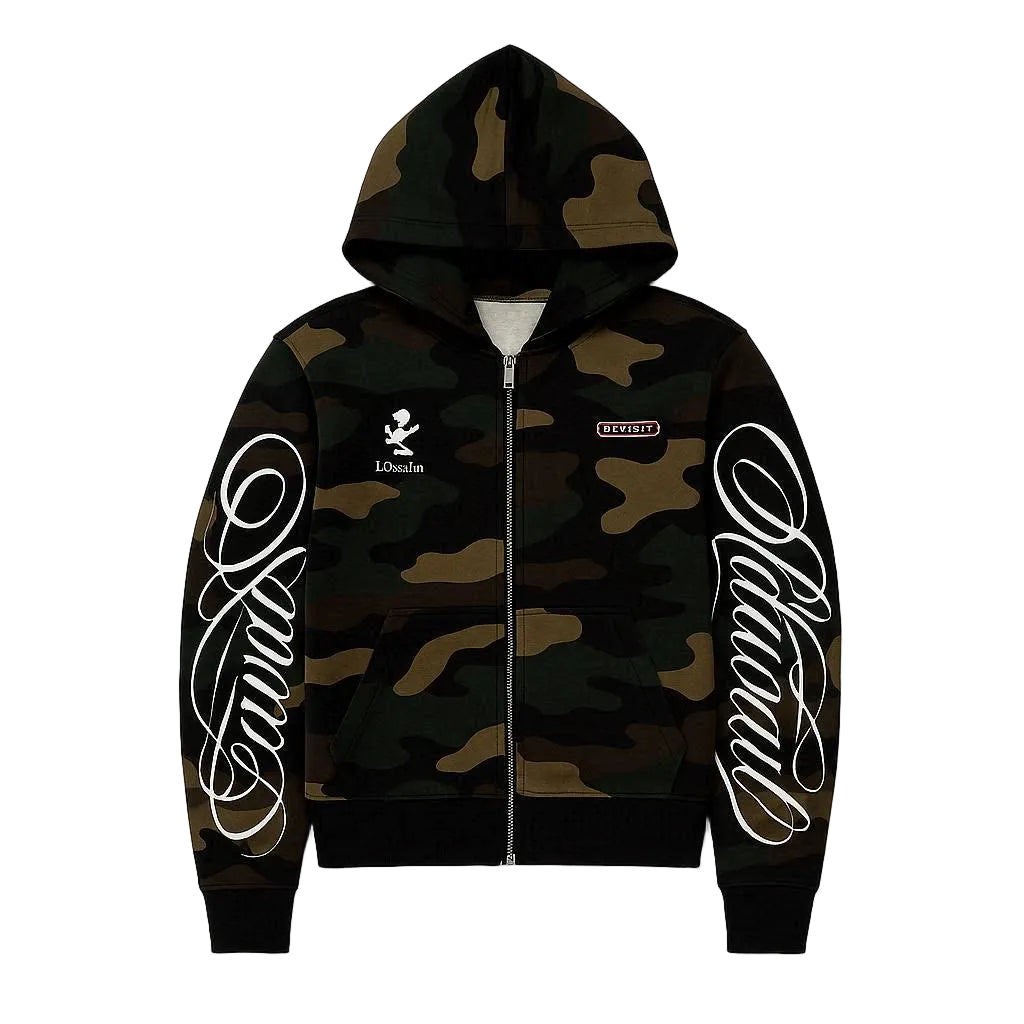 Camouflage hoodie with white text on a white background