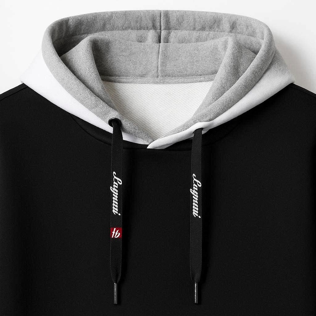 Black hoodie with gray hood and brand logo on drawstrings against a white background