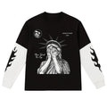 Black long-sleeve shirt with white graphic design on a white background
