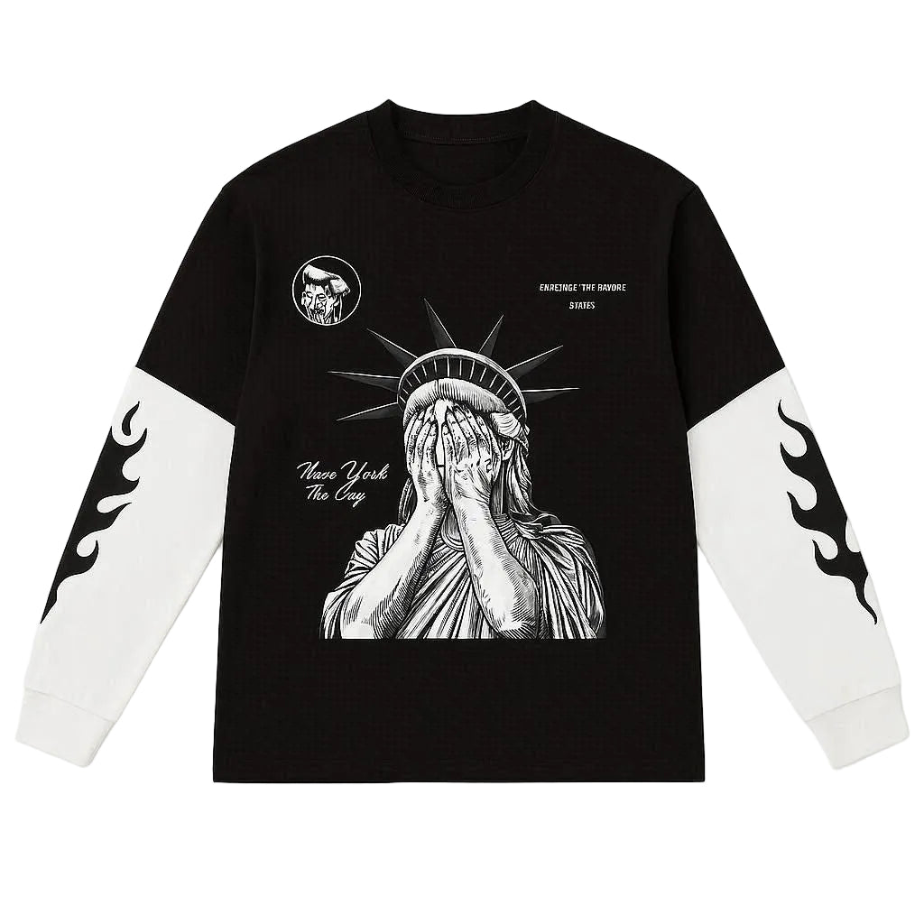 Black long-sleeve shirt with white graphic design on a white background