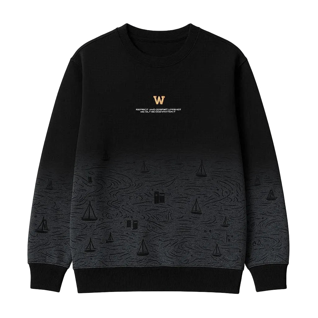 Black sweatshirt with pattern and logo on a white background