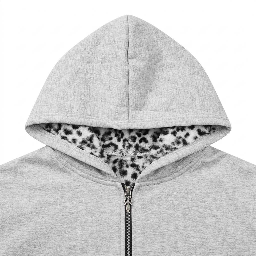 A close-up of a light gray heather zip-up hoodie with a black and white leopard print faux fur lining inside the hood, shown against a plain white background.