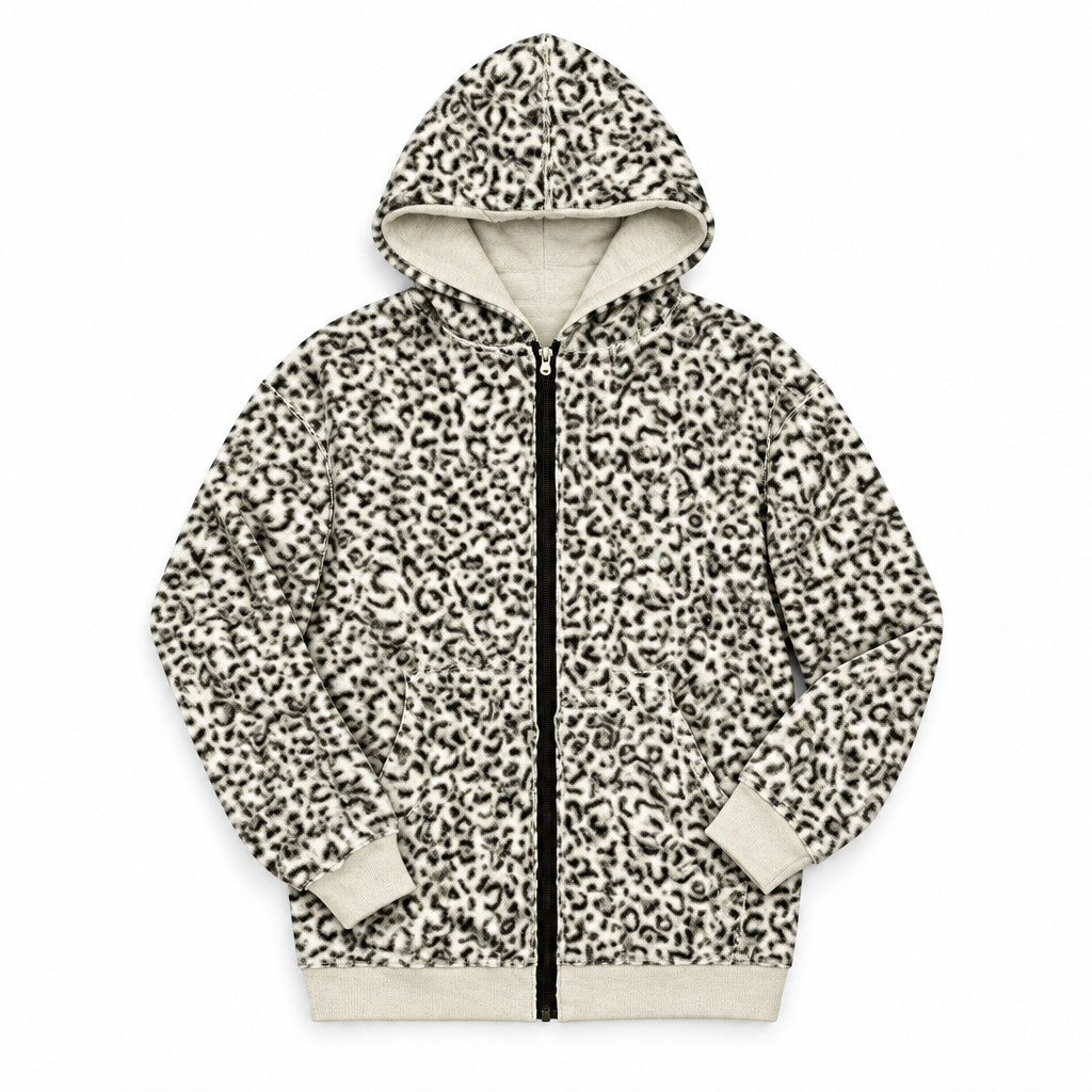 A zip-up hooded jacket with a black and off-white leopard print pattern, featuring a cream-colored fleece lining and ribbed cuffs and hem, shown against a plain white background.